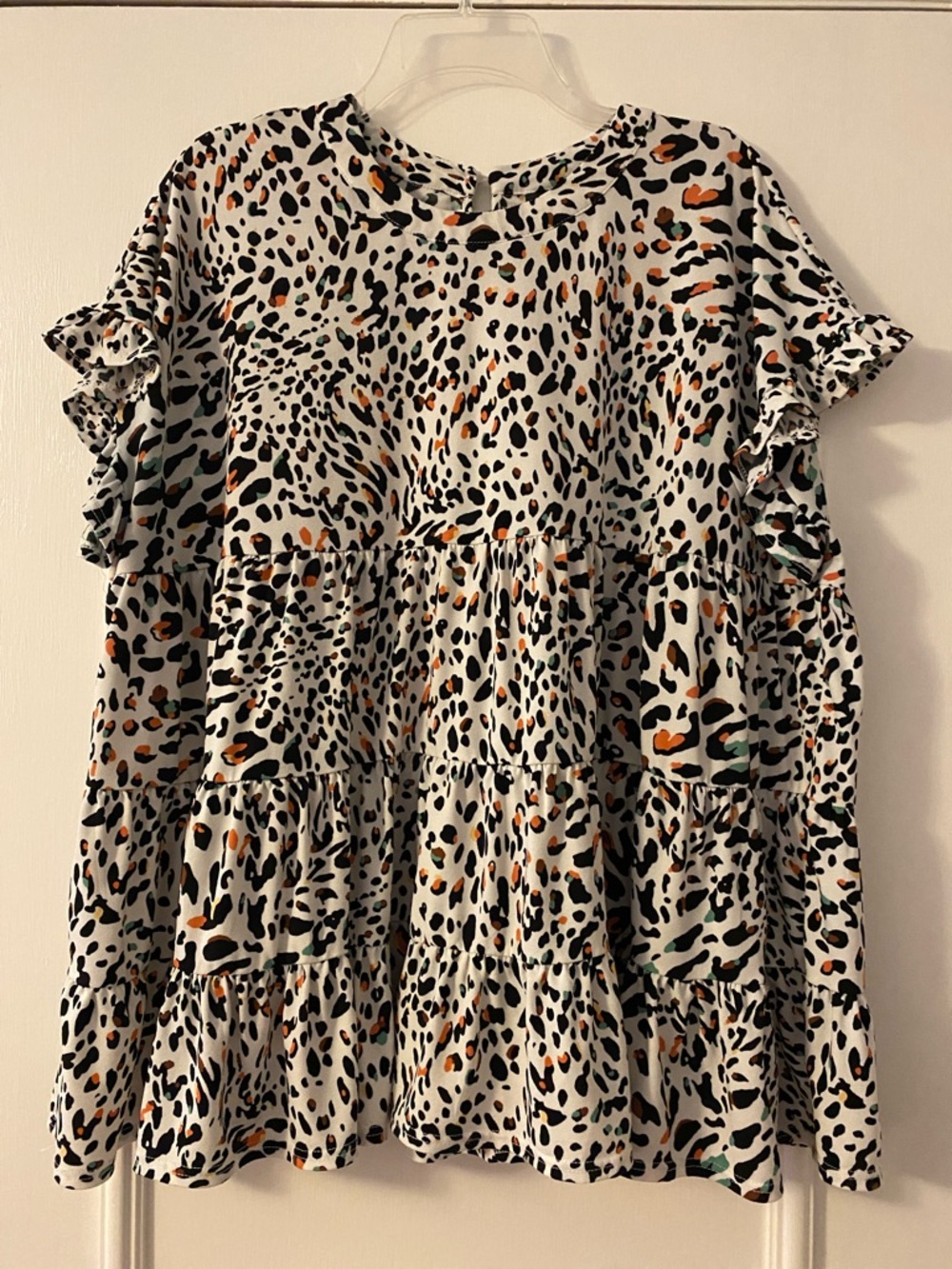 Versona White Leopard Print Blouse with Black, Orange, Green and Brown Accents